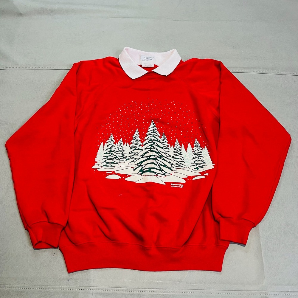 VTG Women Red‎ Christmas Xmas Ugly Collared Sweatshirt Office Party Snow-XL-4257